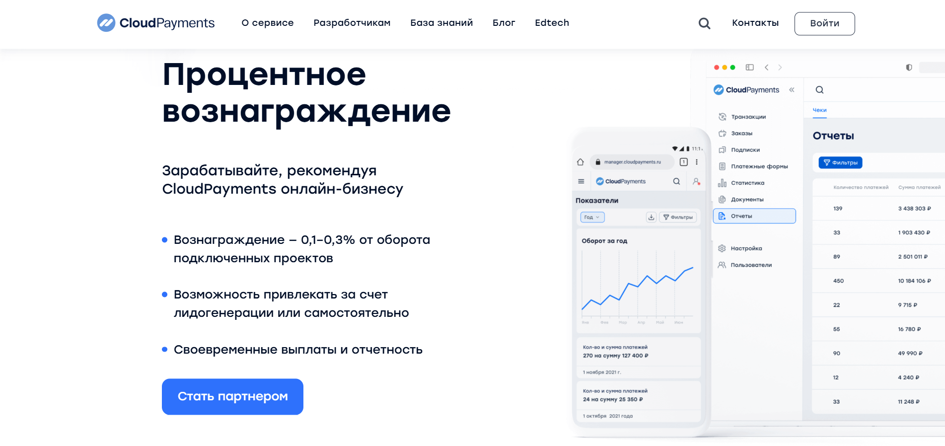 Сервис приёма онлайн-платежей CloudPayments работает с интернет-магазинами и в качестве вознаграждения предлагает процент от оборота подключённых проектов